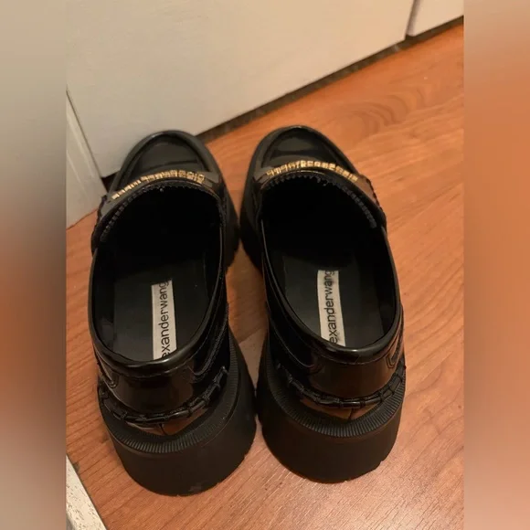 Alexander Wang Black Patent Leather Chunky Loafers with Gold Logo - Picture 3 of 5